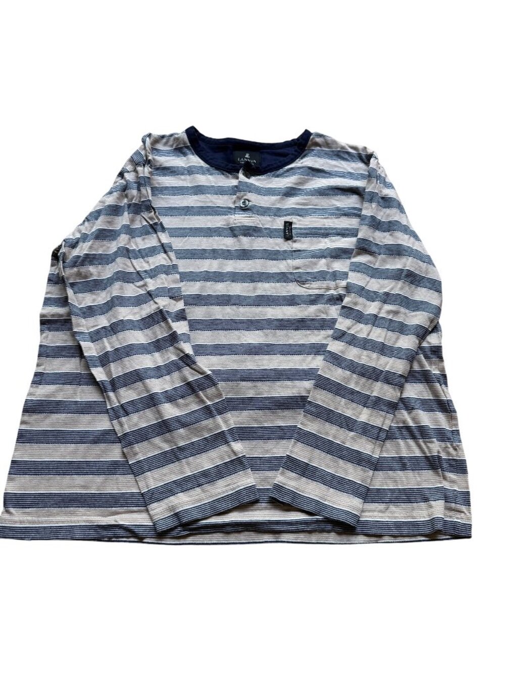 Lanvin Size M Blue Beige Stripe Cotton Knit Crew Neck Long Sleeve Henley Shirt